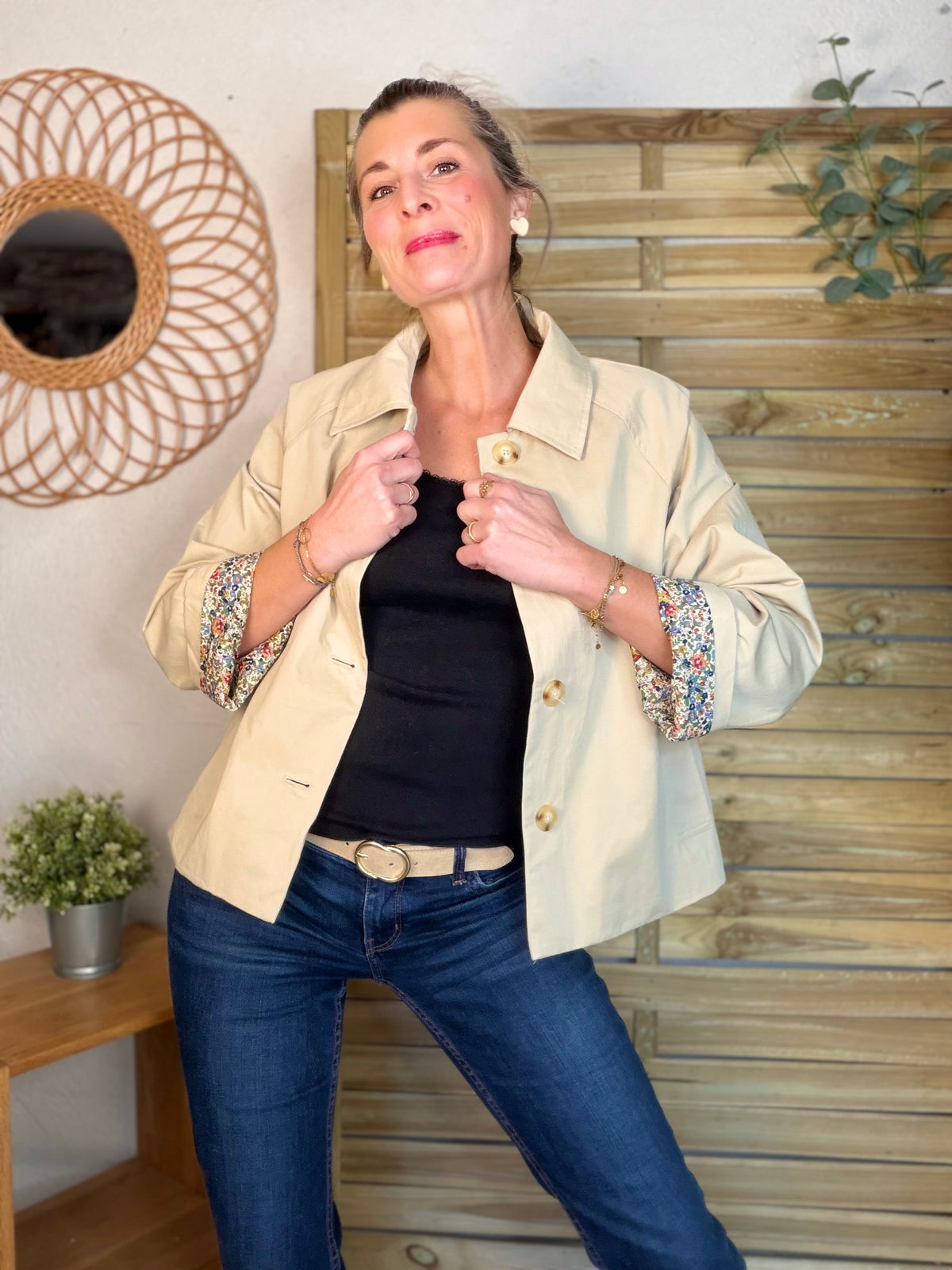 Veste Trench en coton beige avec Liberty - MARION (Taille 2 ans à la Taille XL)