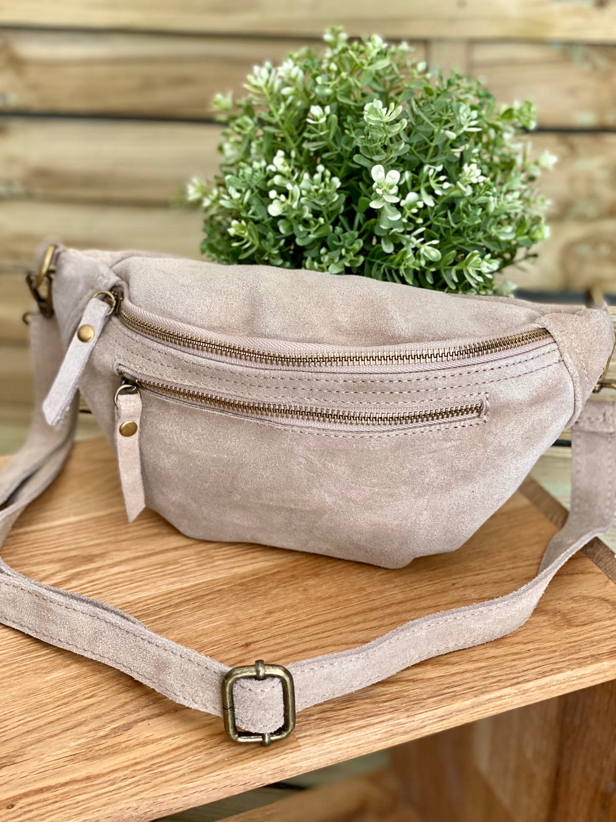 Sac banane double poche en cuir daim - OPALINE - Beige