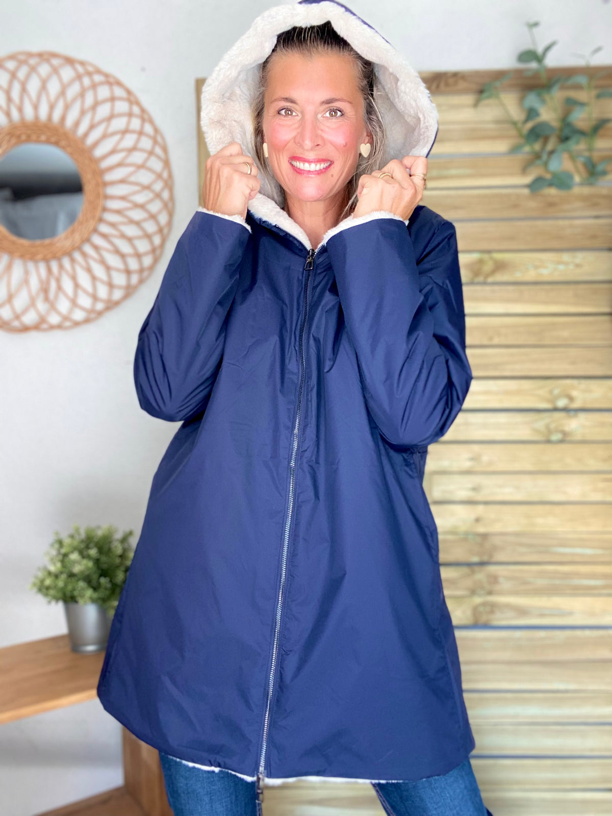LAURA JO - Parka Imperméable réversible fourrée Bleu marine / Beige ALIX Long