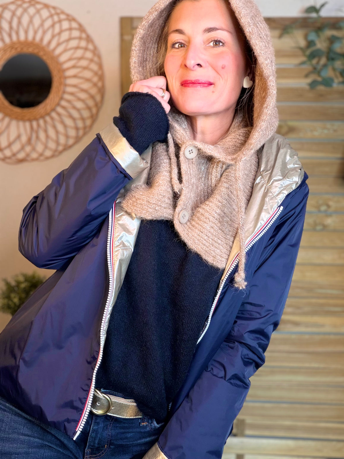 Col cagoule LORIE en maille avec boutons - Taupe
