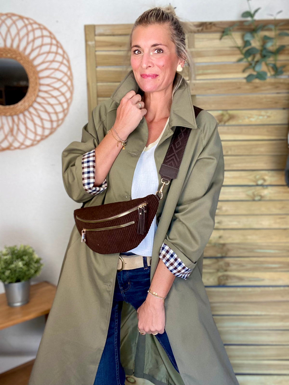 Veste Trench en coton, revers carreaux - YSEULT long Kaki