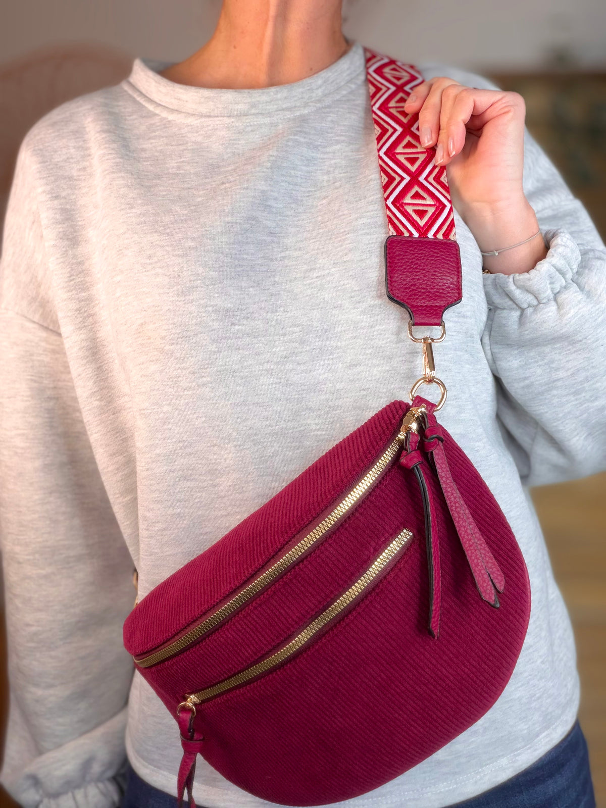 Sac banane en velours côtelé, sangle fantaisie - KATY - Bordeaux - FIN DE SÉRIE