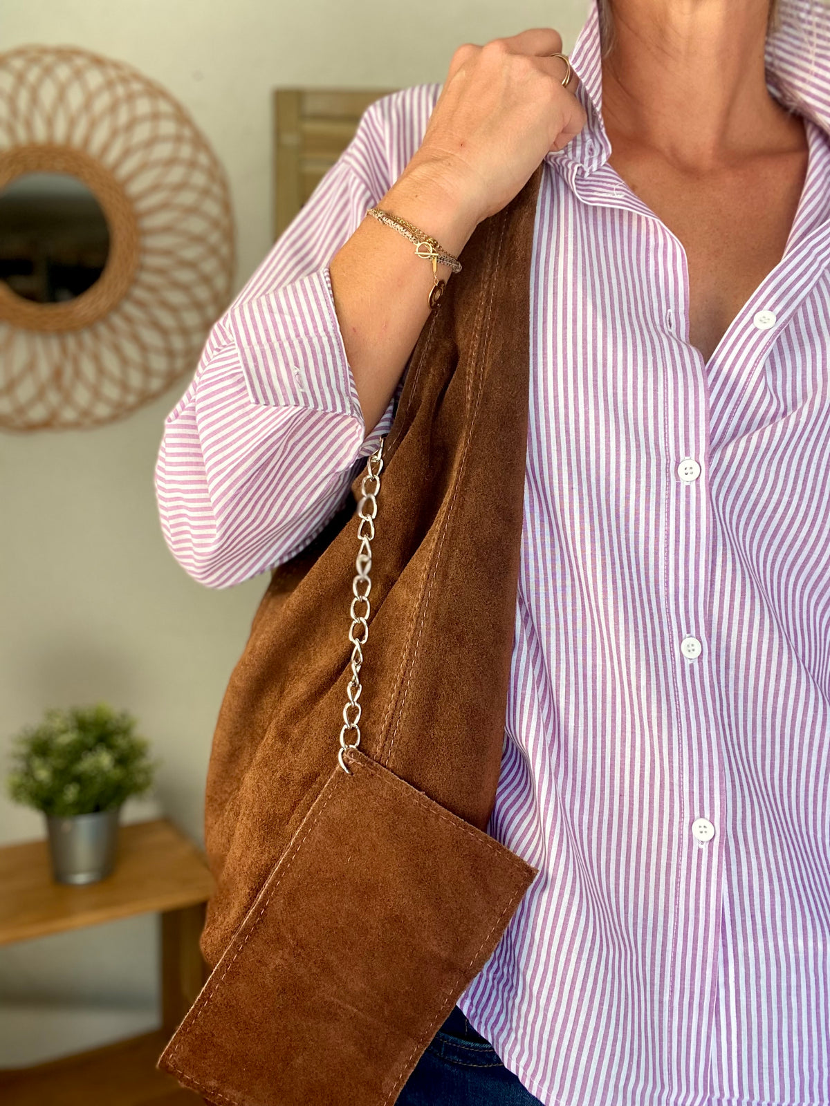 Sac cabas hobo cuir daim MARLON - Chocolat