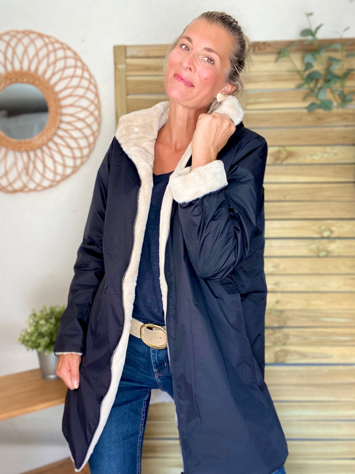 LAURA JO - Parka Imperméable réversible fourrée Noir / Beige ALIX long