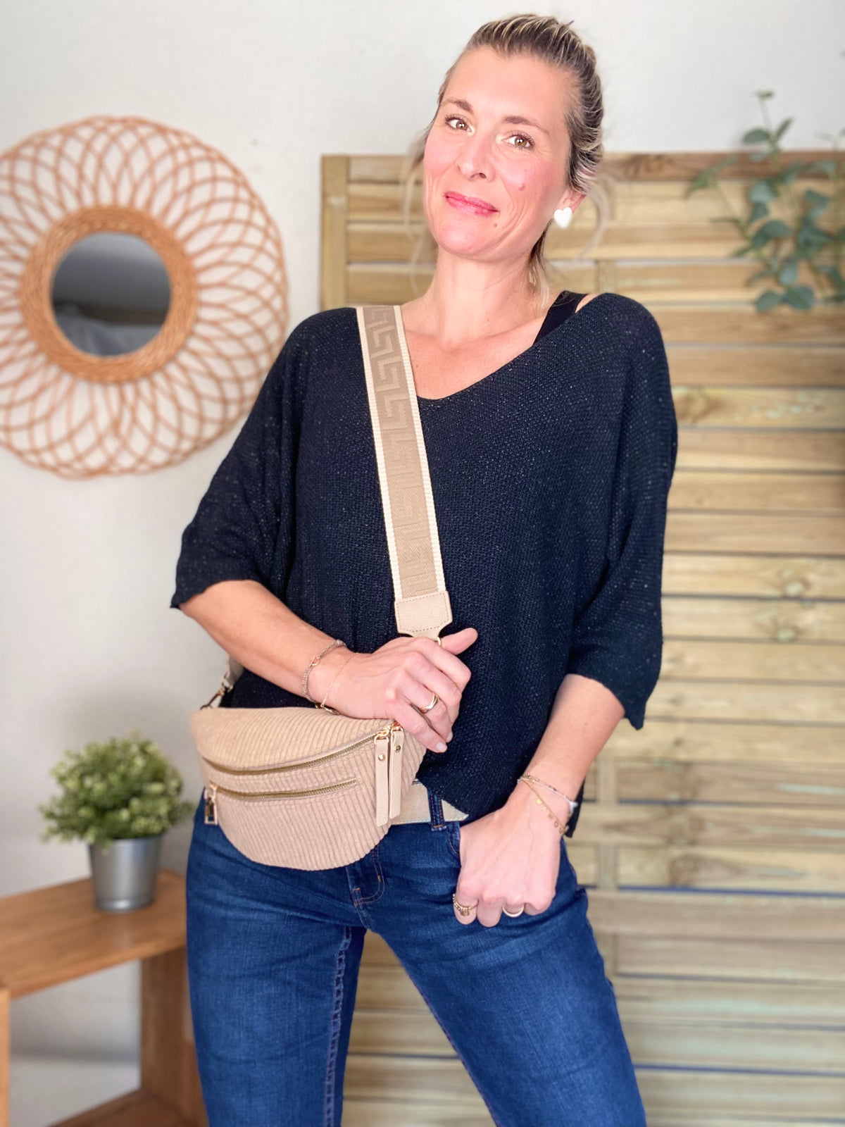 Sac banane en velours côtelé 2 zips et sangle fantaisie - CHARLY - Beige taupe (côtelé large)