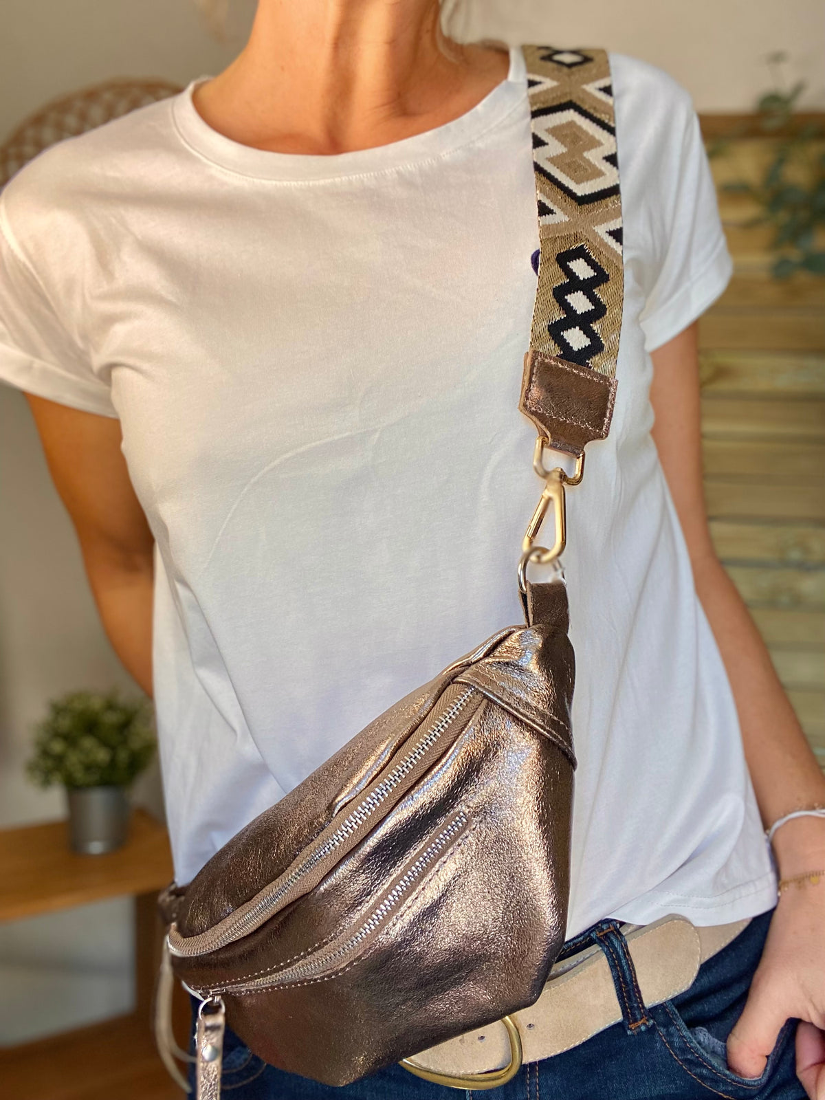 Sangle / Bandoulière en cuir irisé pour sacs / bananes - RACHEL (Losanges horizontaux)