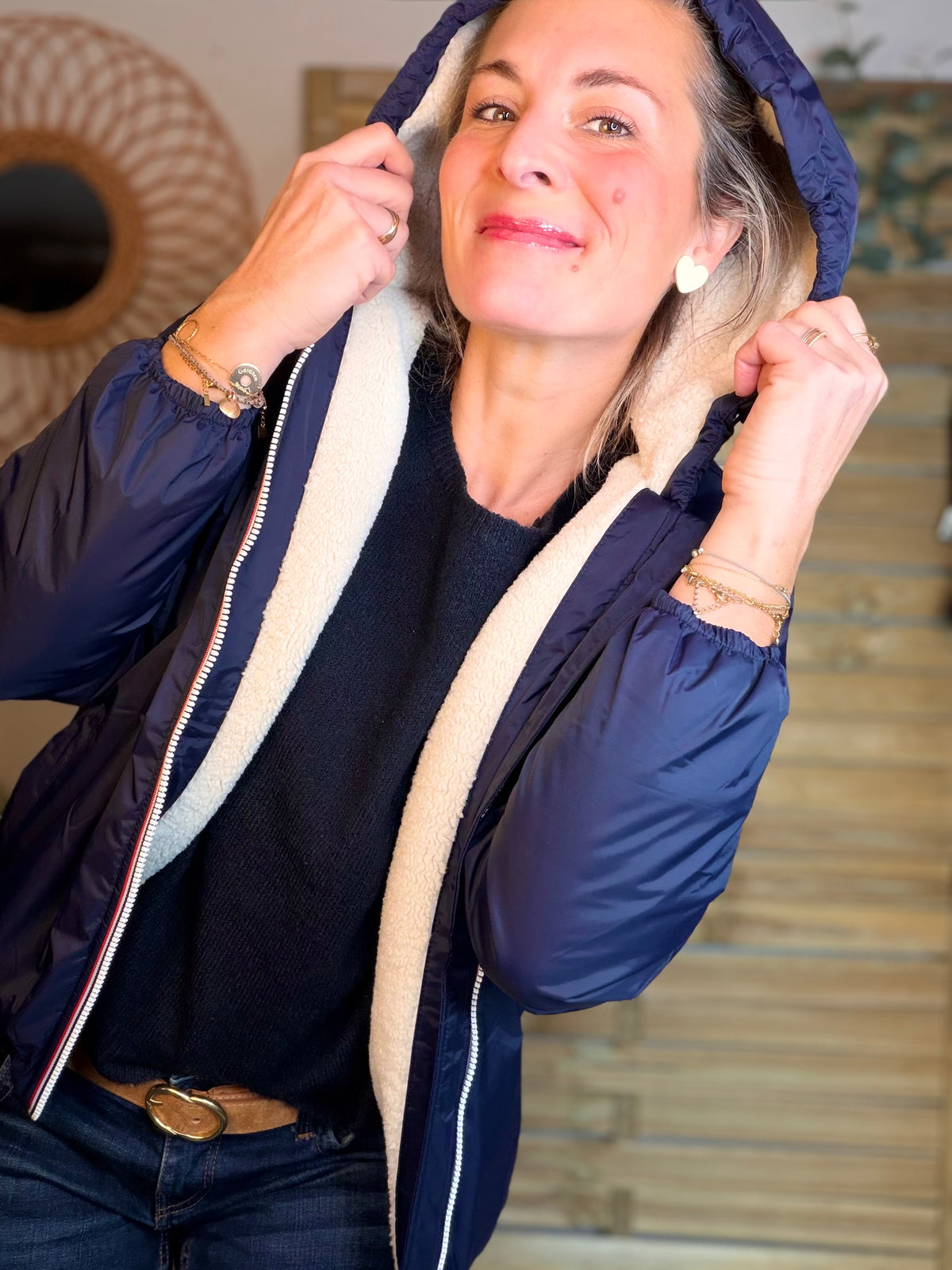 LAURA JO - Parka Imperméable LOUISE COURT sherpa - Bleu marine • DÉSTOCKAGE Taille L