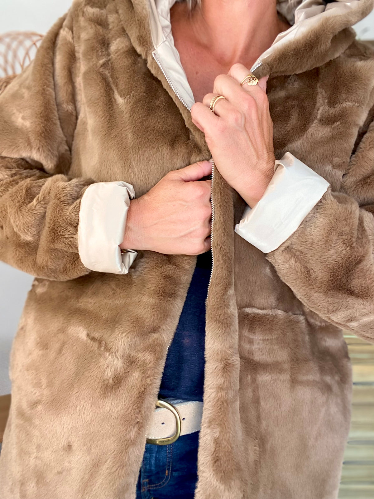 LAURA JO - Parka Imperméable réversible fourrée Sable irisé / Camel ALIX Long