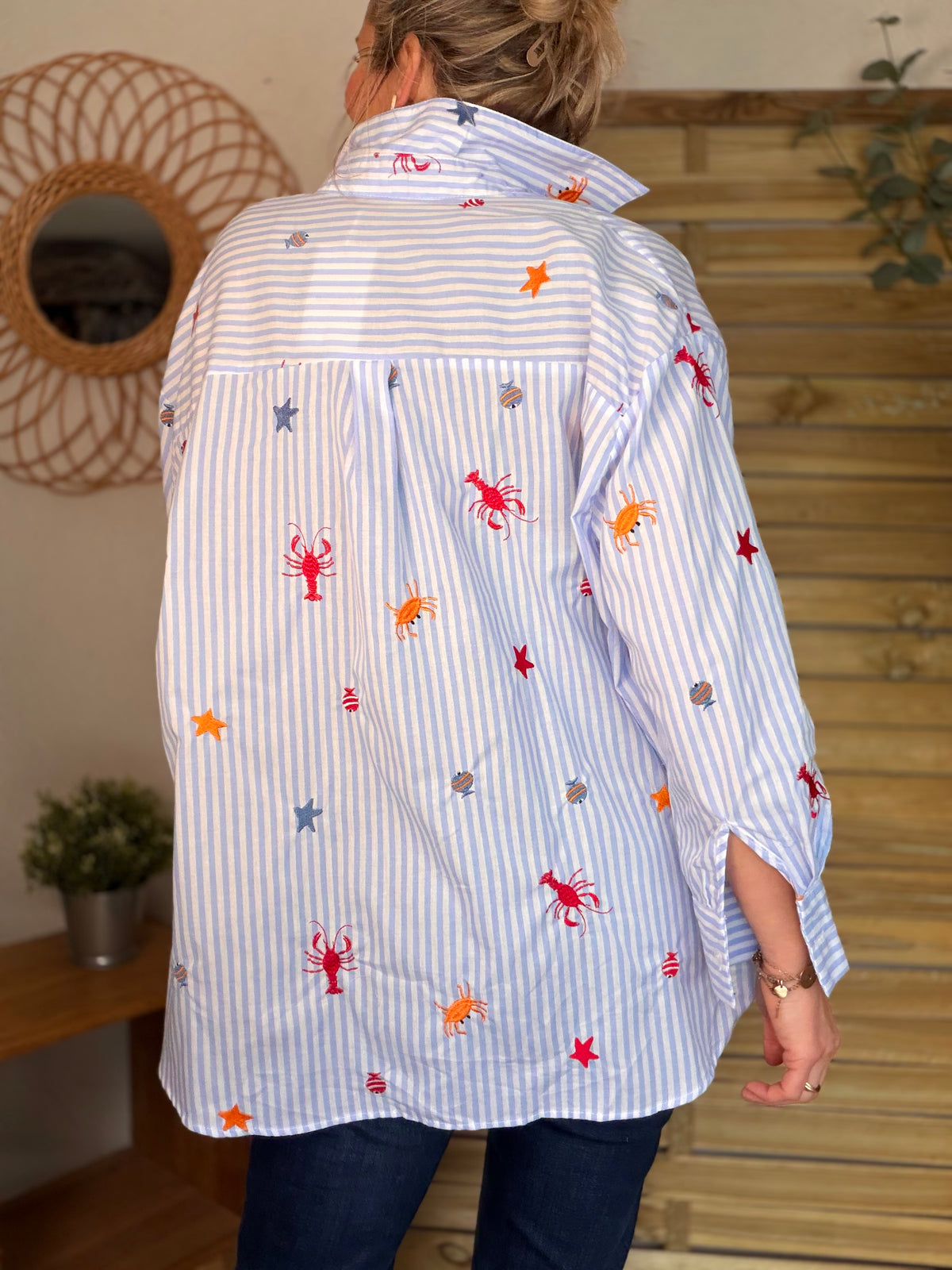 Chemise bleue à rayures coquillages et crustacés - ELORY - FIN DE SÉRIE