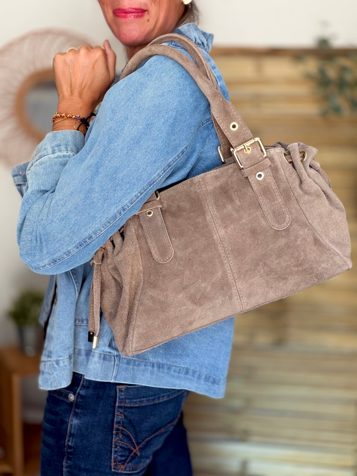 Sac à main en cuir daim GERY - Taupe