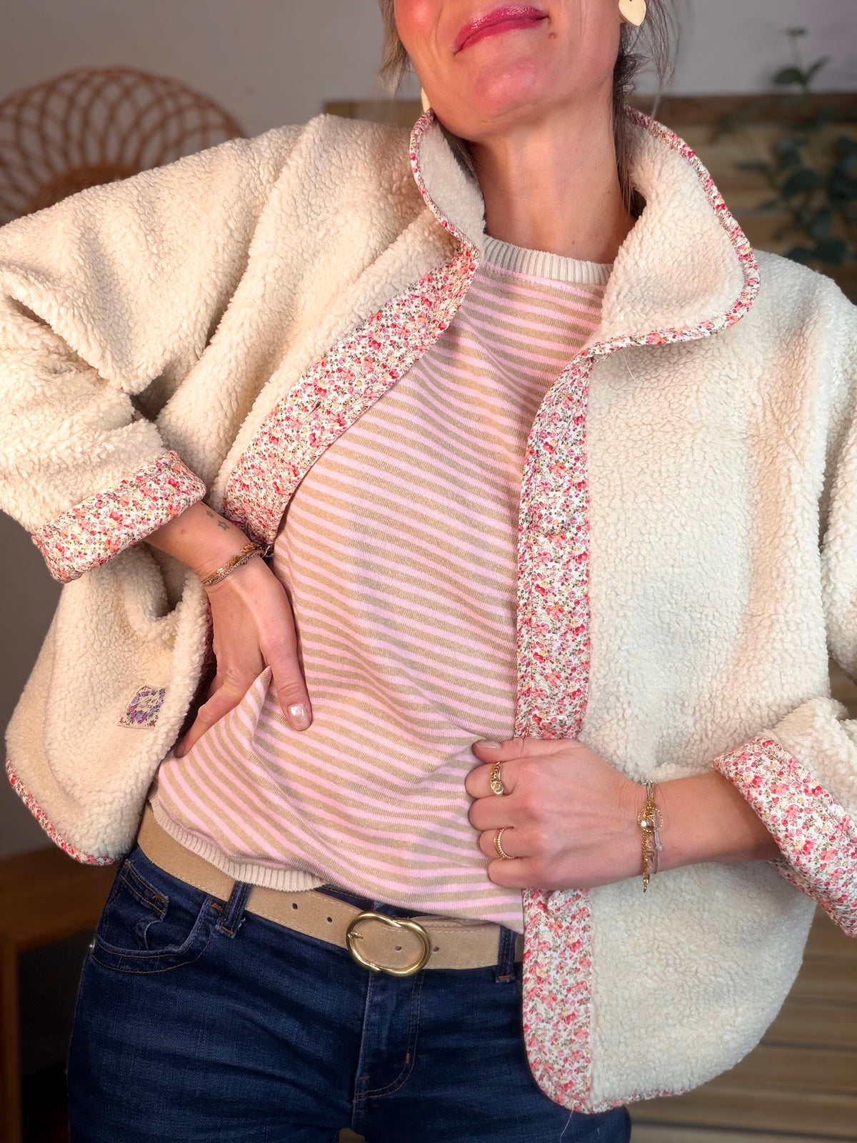 Pull fin rayé ample ROMANE - Rose/Taupe - FIN DE SÉRIE