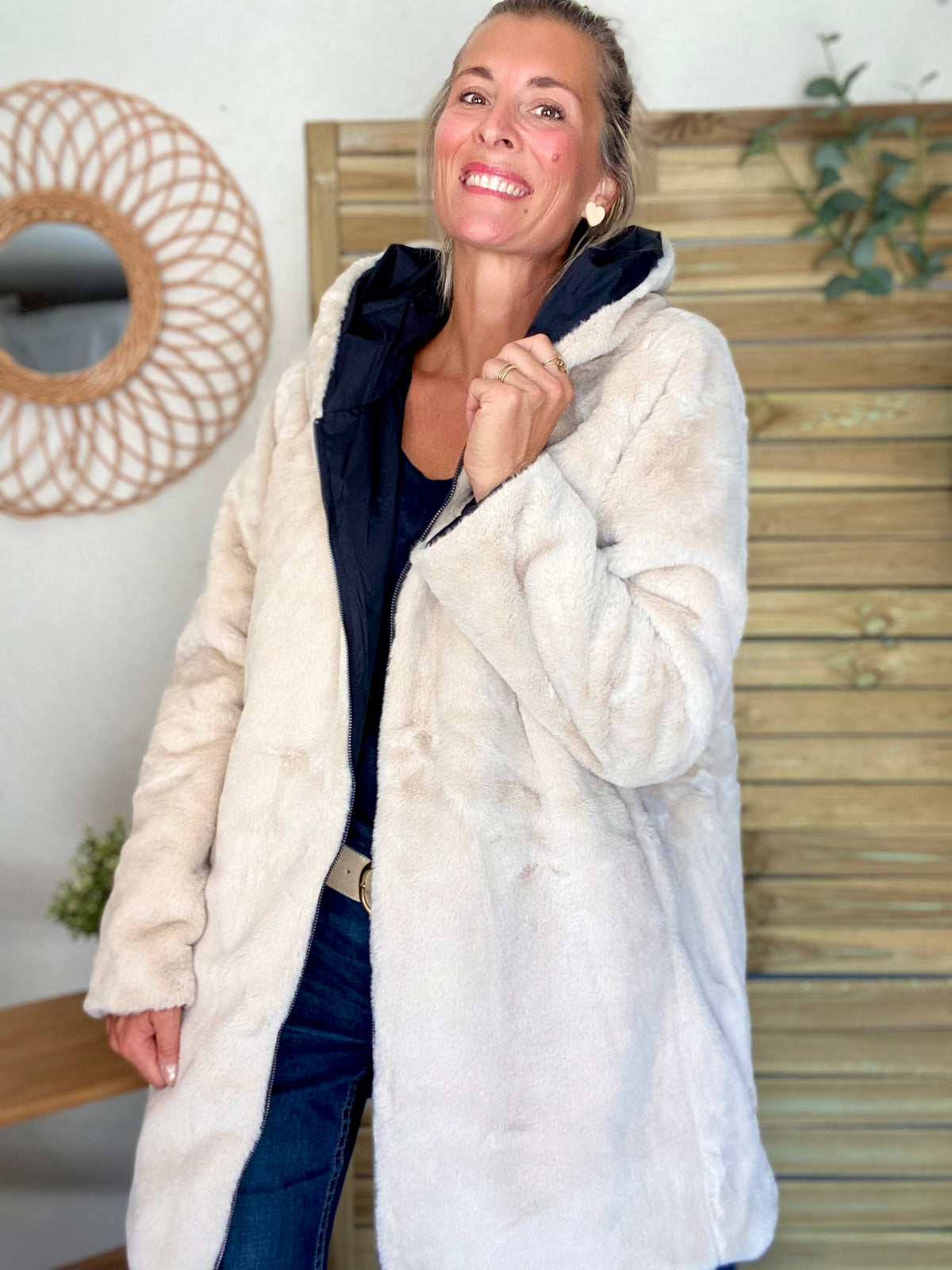 LAURA JO - Parka Imperméable réversible fourrée Noir / Beige ALIX long