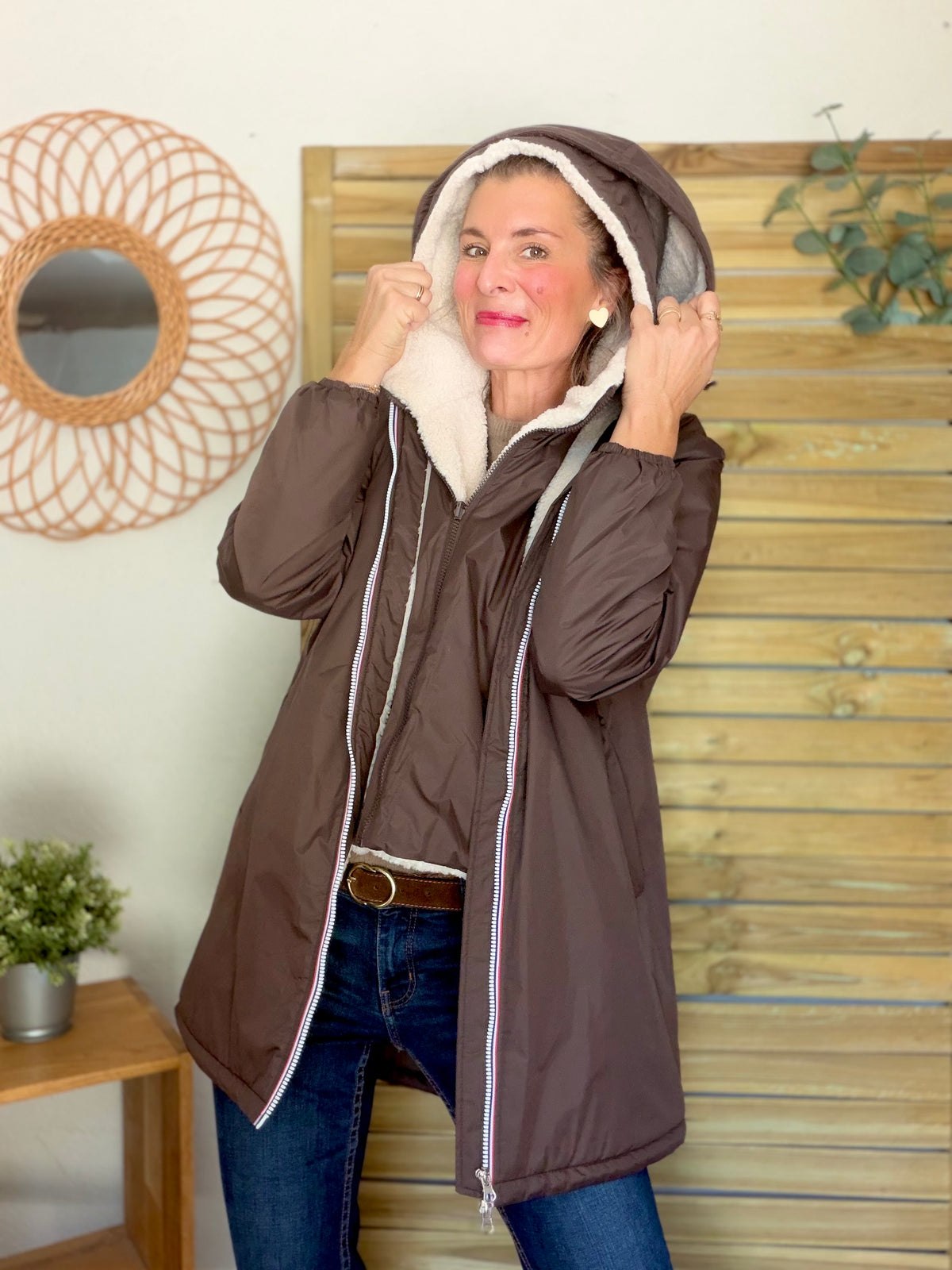 LAURA JO - Col capuche amovible réversible TONY - Choco / Sherpa écru