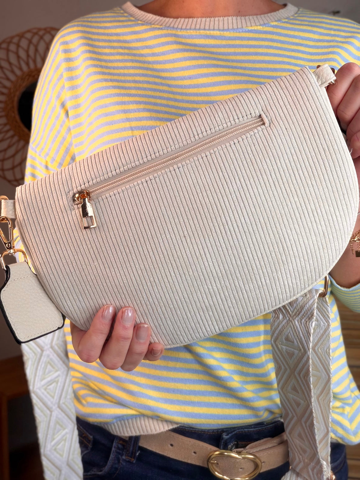 Sac banane en velours côtelé, sangle fantaisie - KATY - Beige clair - FIN DE SÉRIE