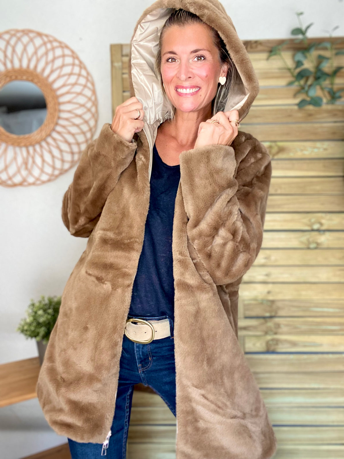 LAURA JO - Parka Imperméable réversible fourrée Sable irisé / Camel ALIX Long
