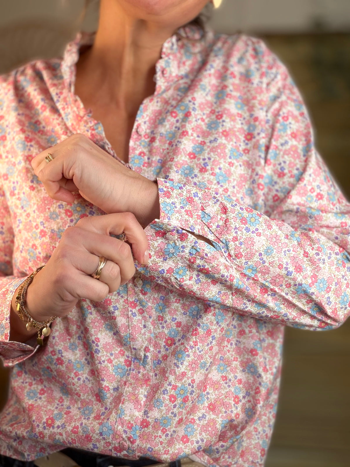 Chemise imprimée Liberty rose clair, col volanté SOLANE (DÉSTOCKAGE sur Taille S)