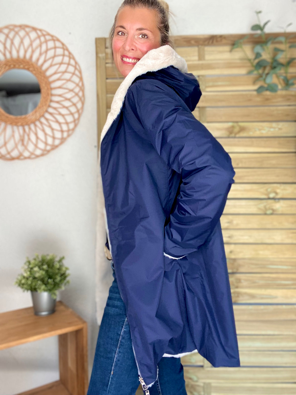 LAURA JO - Parka Imperméable réversible fourrée Bleu marine / Beige ALIX Long