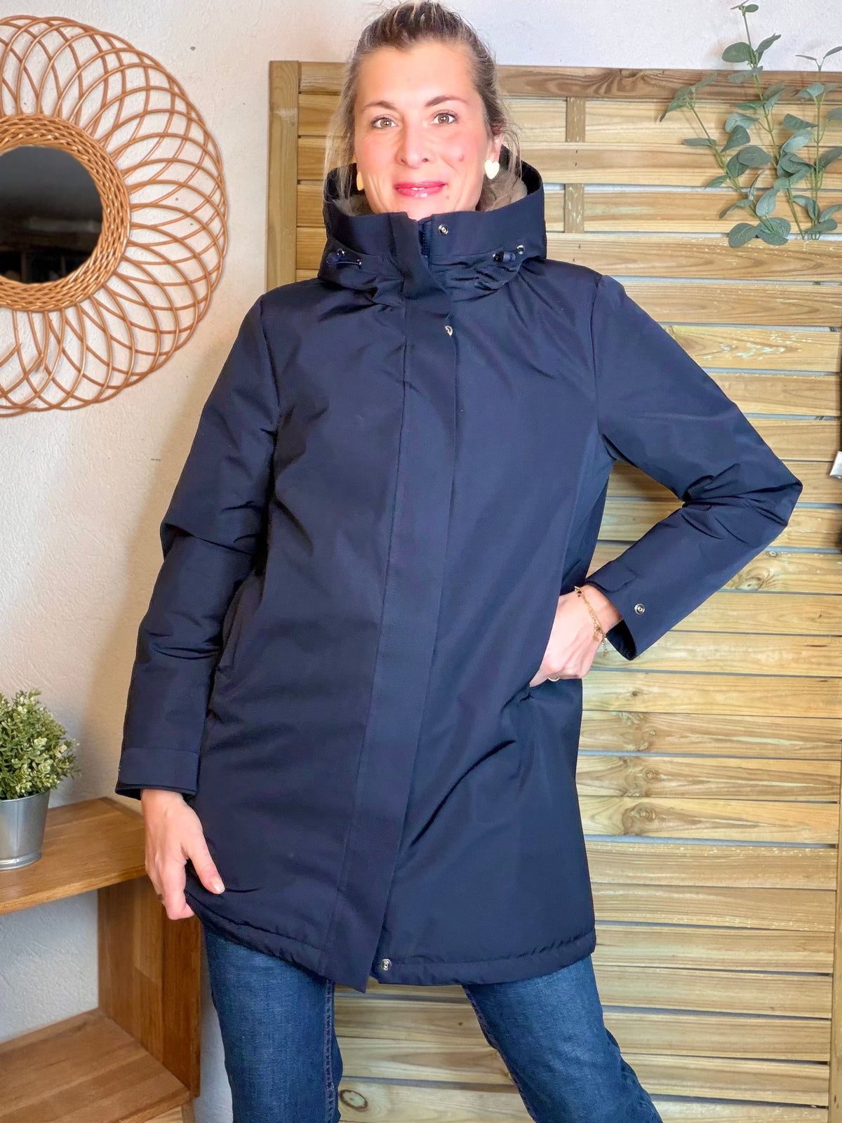 LAURA JO - Parka fourrée imperméable AMBRE LONG - Bleu marine / Beige