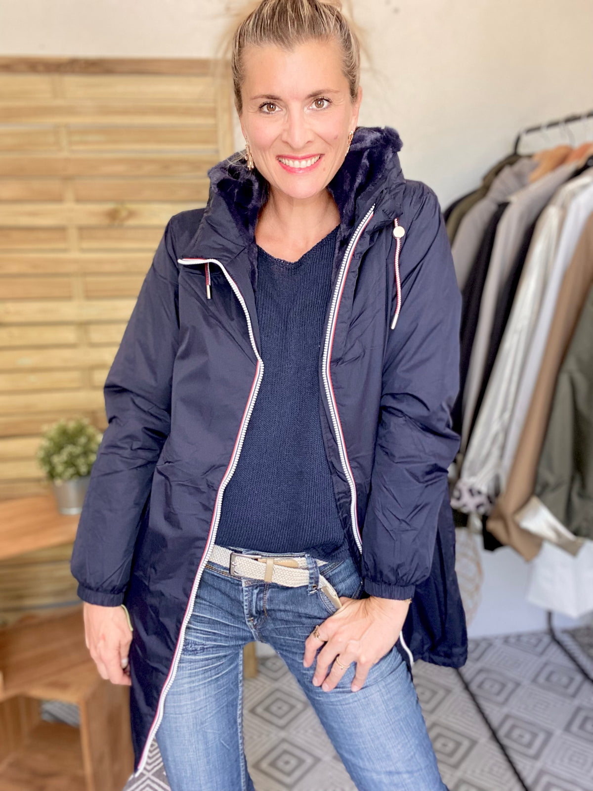 LAURA JO - Parka Imperméable THELMA LONG fourrée - Bleu marine • DÉSTOCKAGE sur Taille XL