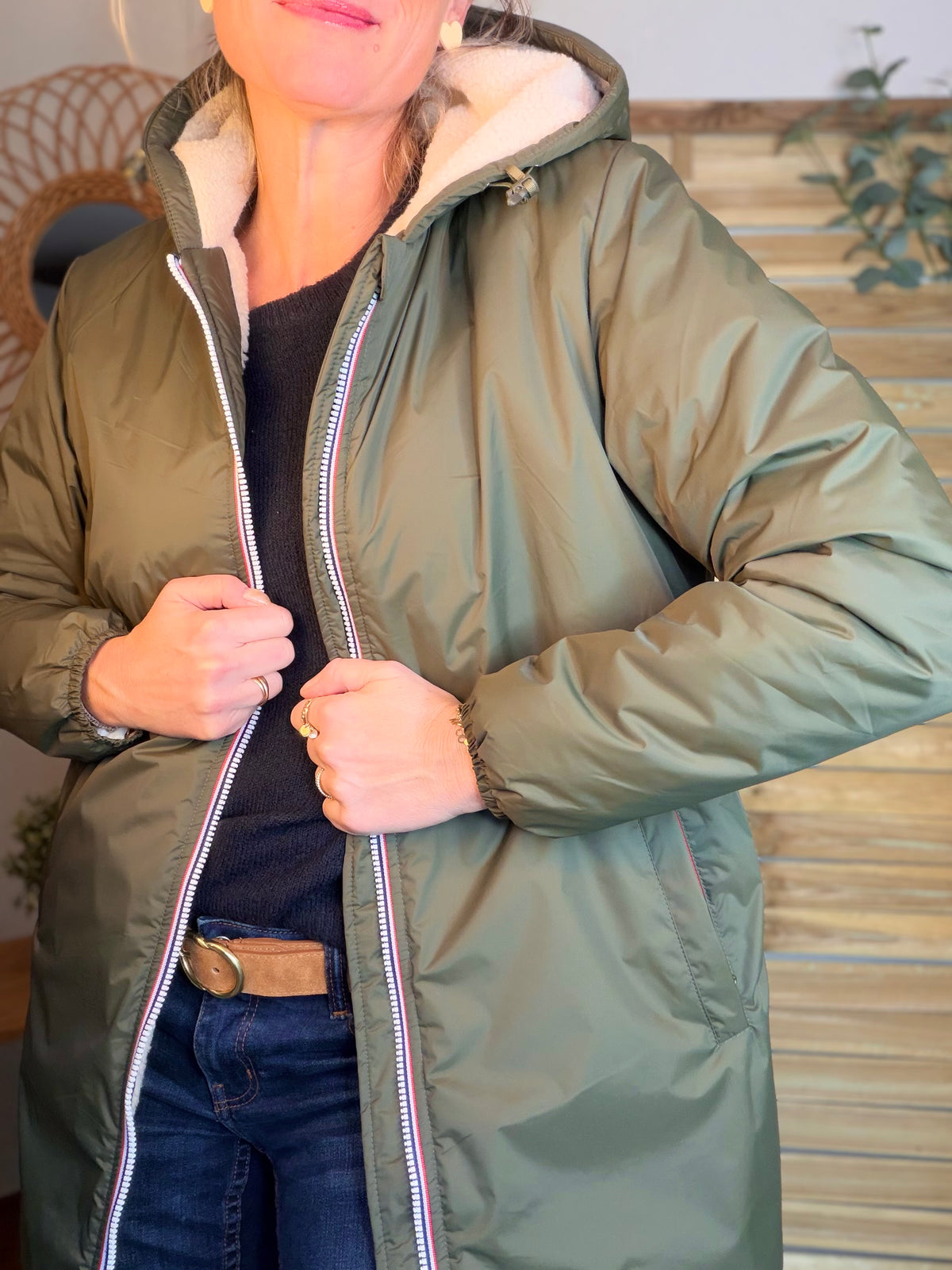 LAURA JO - Parka Imperméable LOUISE LONG Sherpa écru - Kaki • DÉSTOCKAGE sur taille S