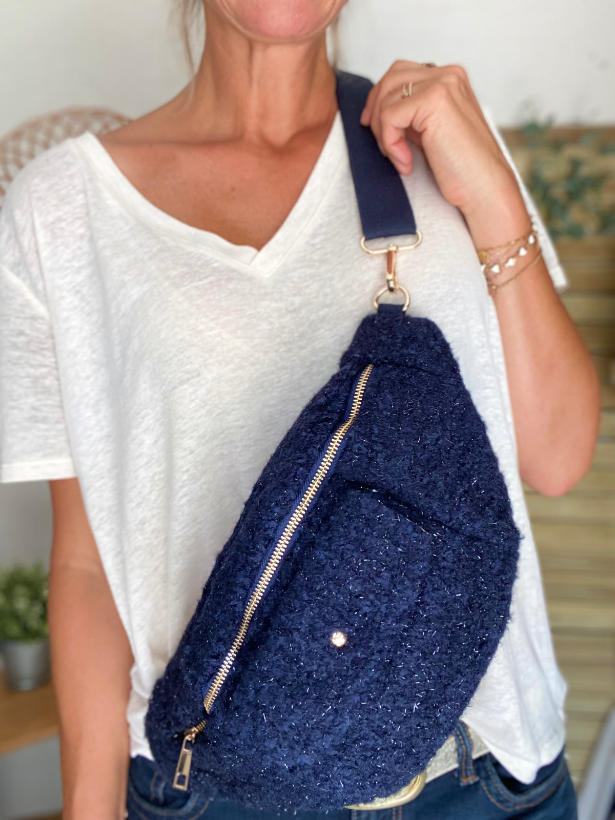 Sac banane XL moumoute lurex avec poche avant - CHELSEA - Marine - FIN DE SÉRIE