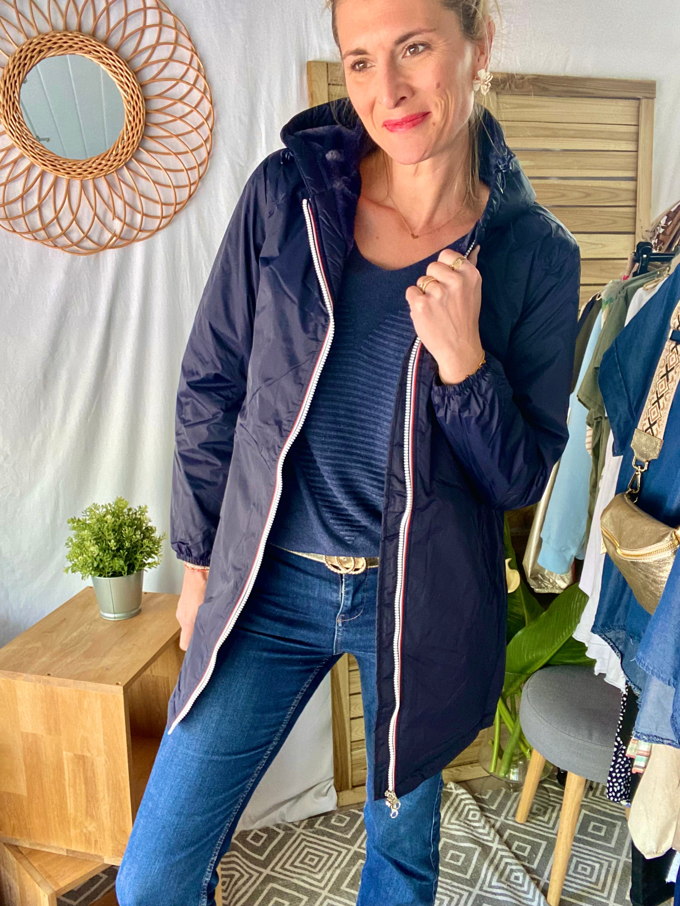 LAURA JO - Parka Imperméable LOUISE LONG fourré - Bleu Marine • DÉSTOCKAGE Taille S