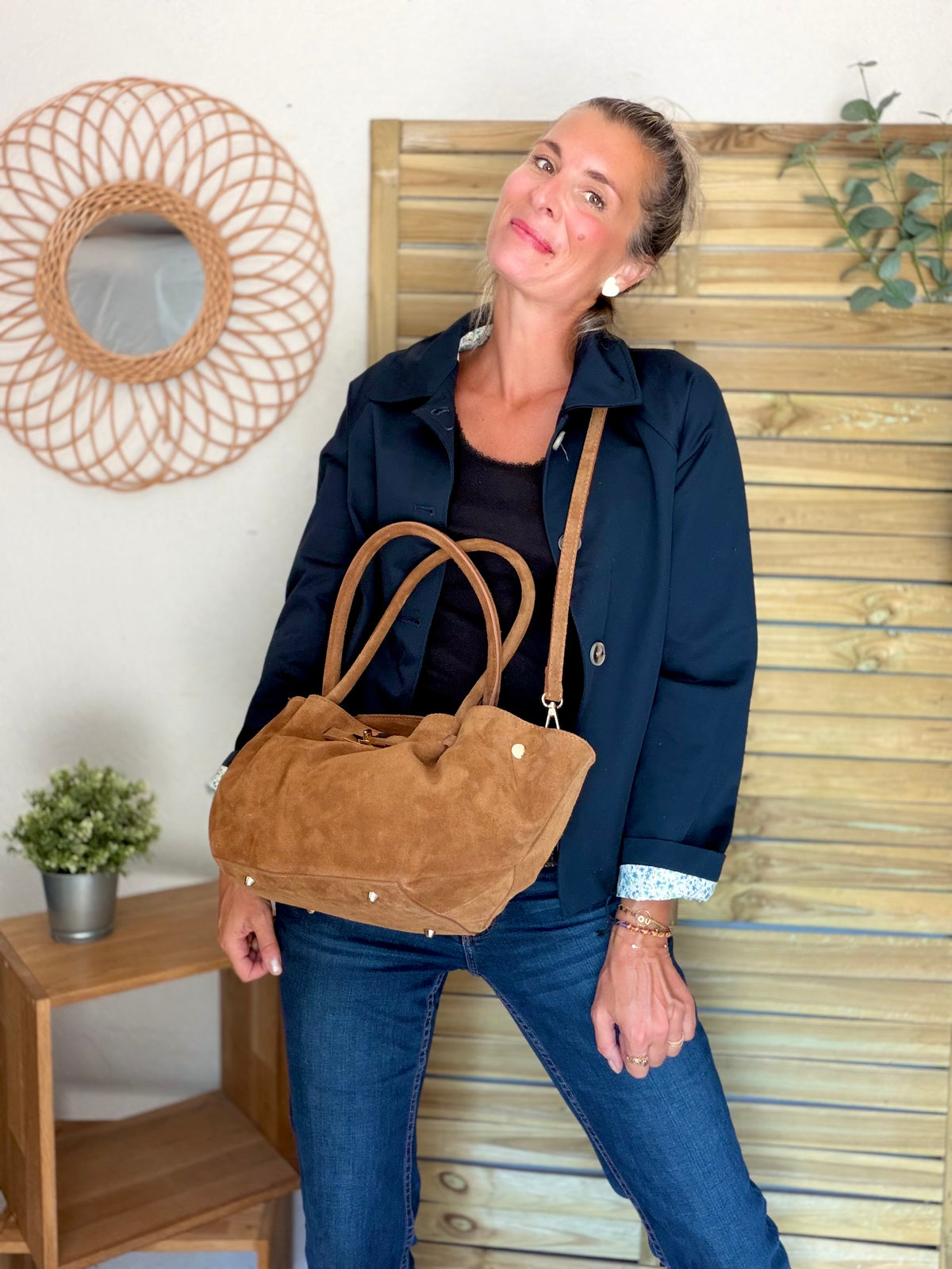 Sac cabas en cuir daim HANA - Camel