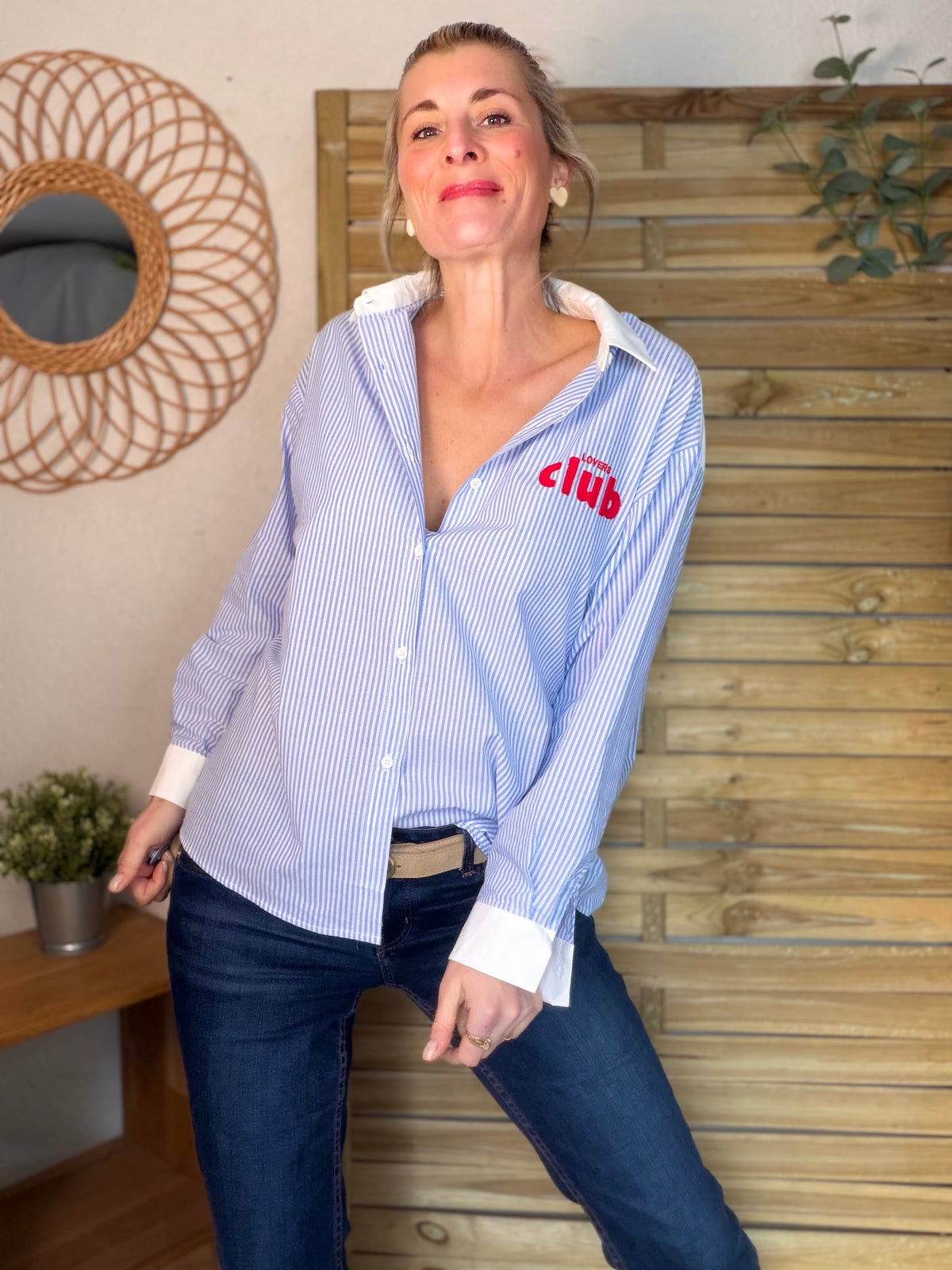 Chemise bleue rayée brodée CAFÉ LOVERS CLUB - LISA - FIN DE SÉRIE