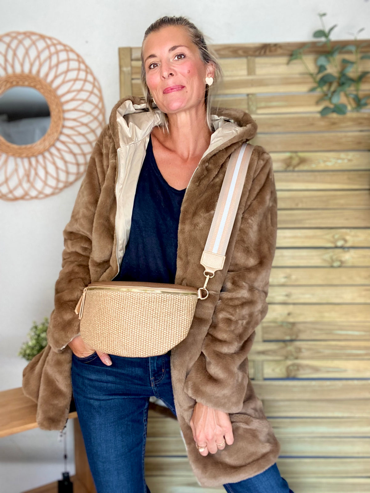 LAURA JO - Parka Imperméable réversible fourrée Sable irisé / Camel ALIX Long