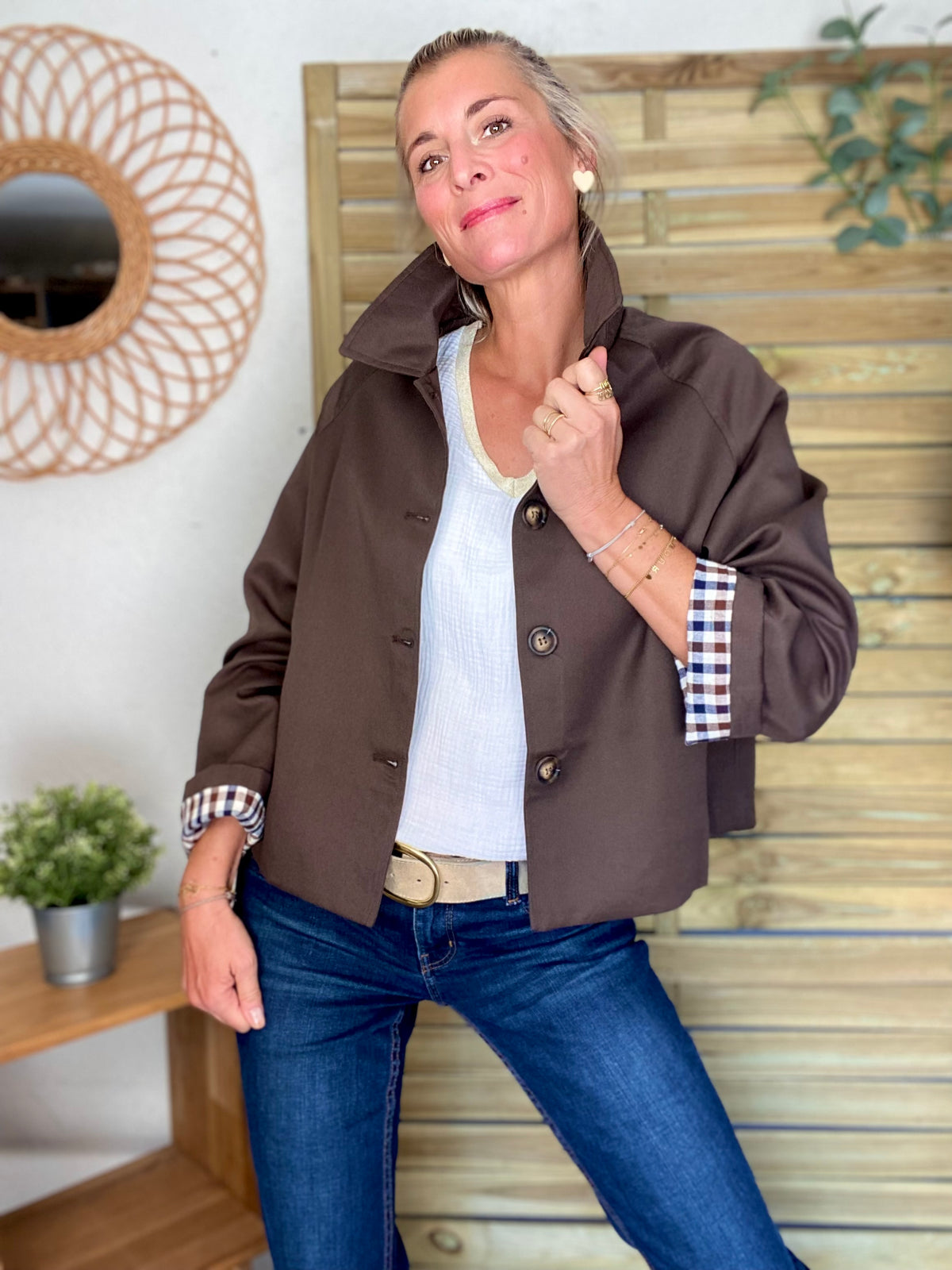 Veste Trench en coton, revers carreaux - YSEULT court Chocolat