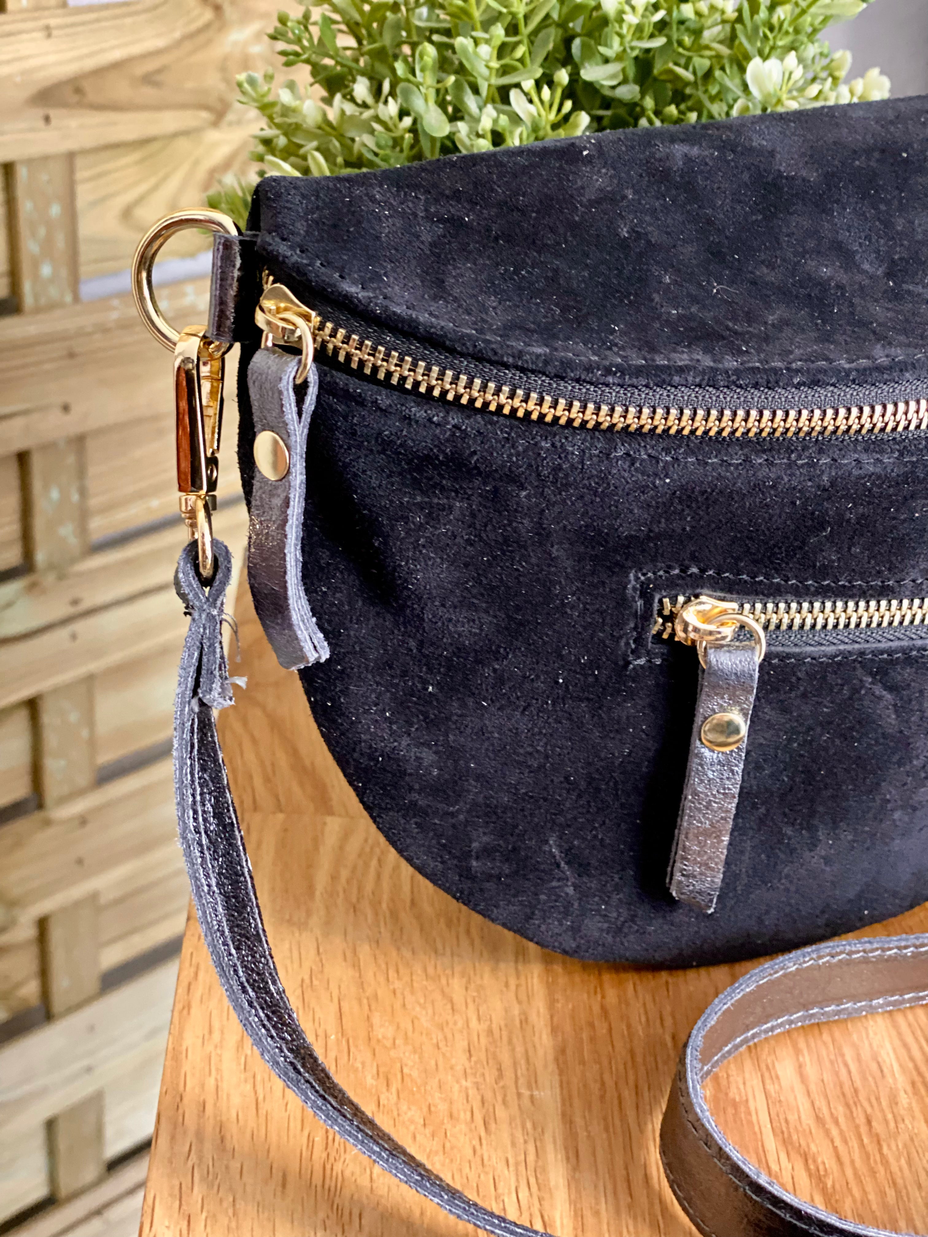 Sac banane XL 2 zips en cuir velours et irisé 30cm TERRY - Noir