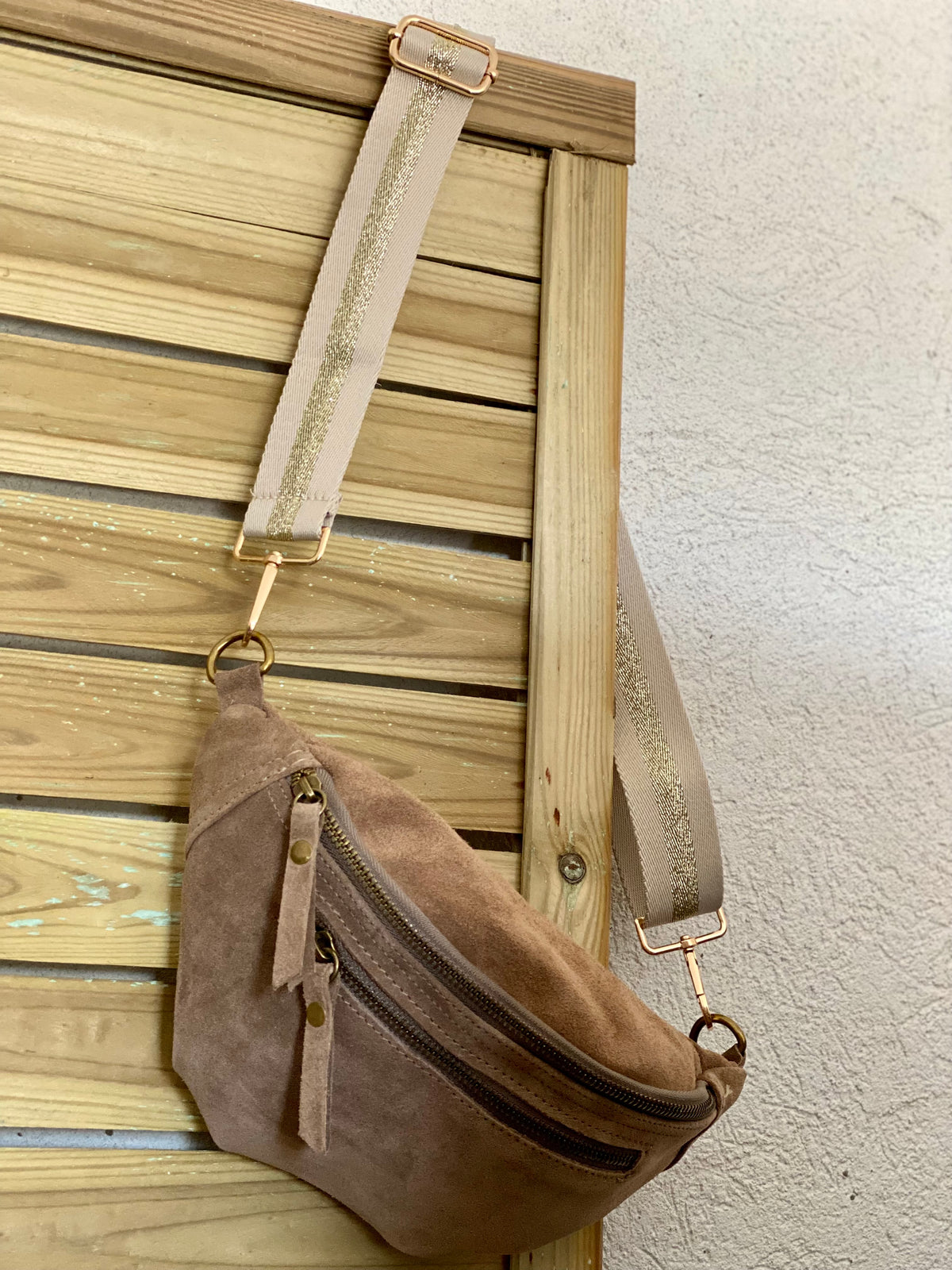 Sac banane double poche en cuir daim - OPALINE - Taupe