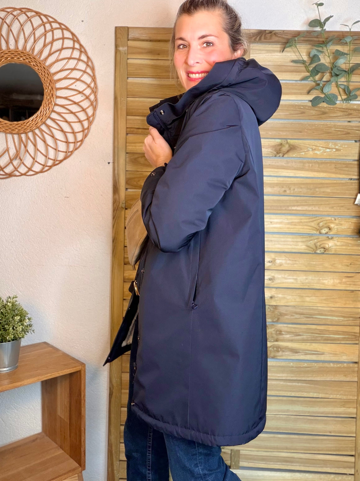 LAURA JO - Parka fourrée imperméable AMBRE LONG - Bleu marine / Beige