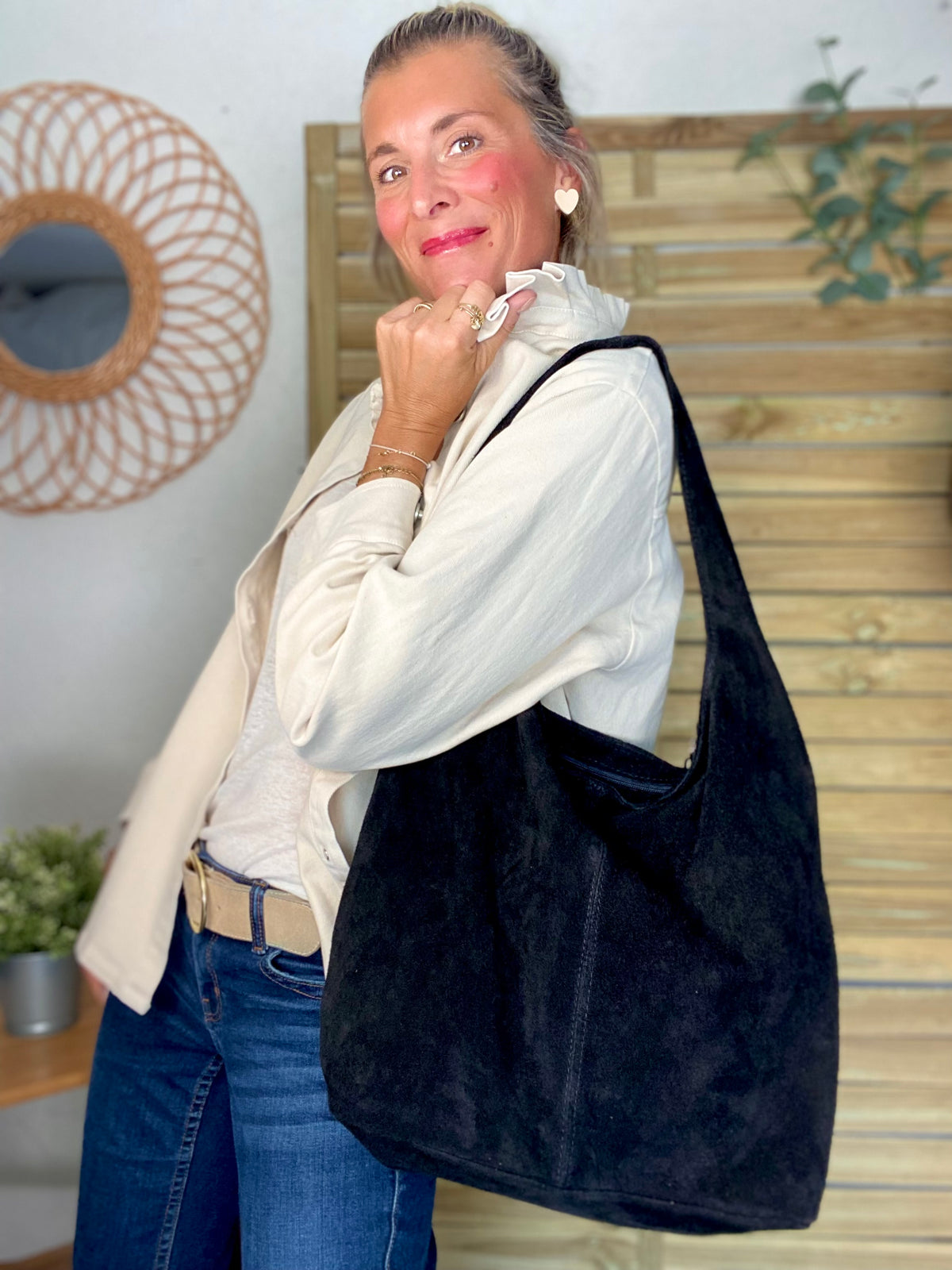 Sac cabas hobo cuir daim MARLON - Noir