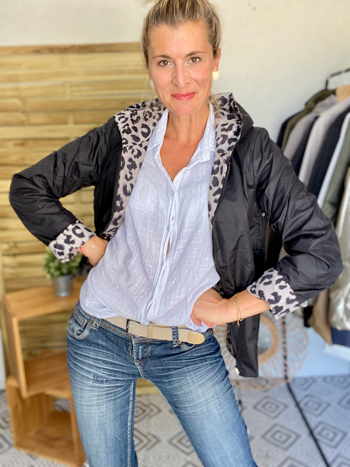 LAURA JO - Imperméable réversible rembourré LOUISON COURT - Noir / léo • DÉSTOCKAGE sur Taille XL