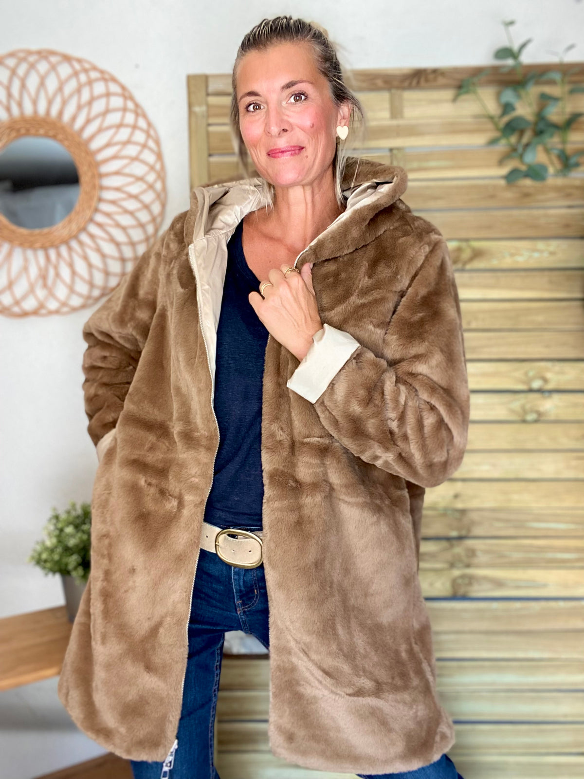 LAURA JO - Parka Imperméable réversible fourrée Sable irisé / Camel ALIX Long