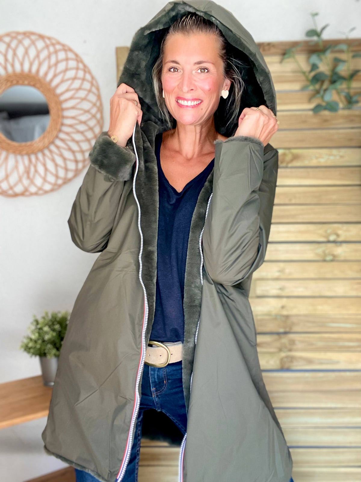 LAURA JO - Parka Imperméable réversible fourrée Kaki / Kaki ALIX Long • DÉSTOCKAGE sur Taille S