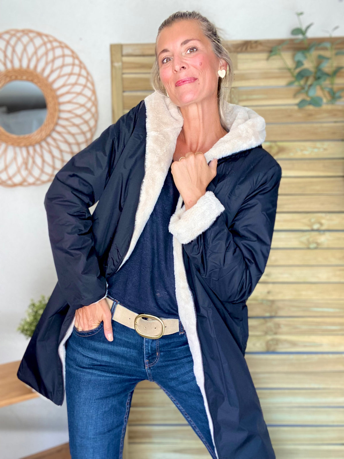 LAURA JO - Parka Imperméable réversible fourrée Noir / Beige ALIX long
