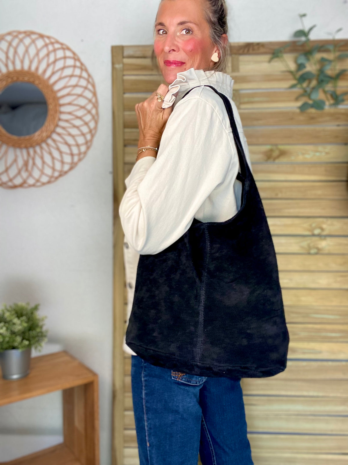Sac cabas hobo cuir daim MARLON - Noir