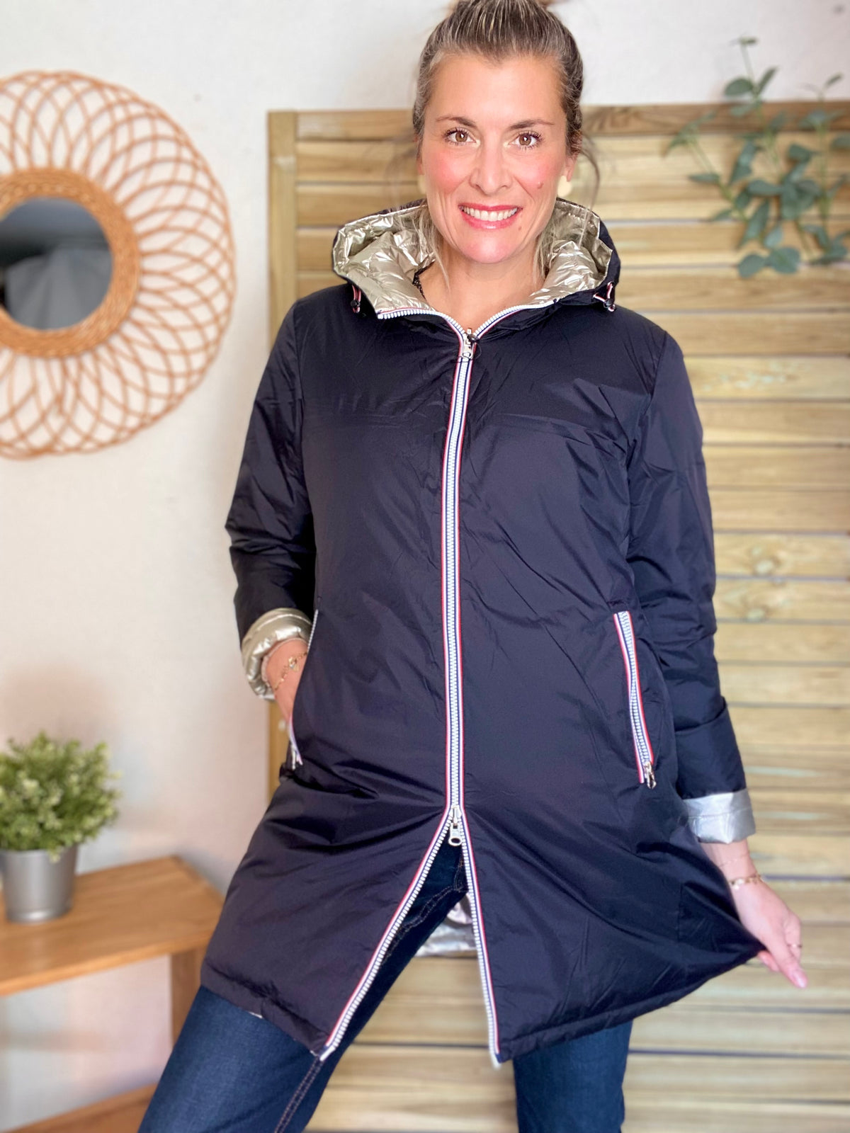 LAURA JO - Doudoune réversible imperméable longue INÈS - Noir / Doré - FIN DE SÉRIE