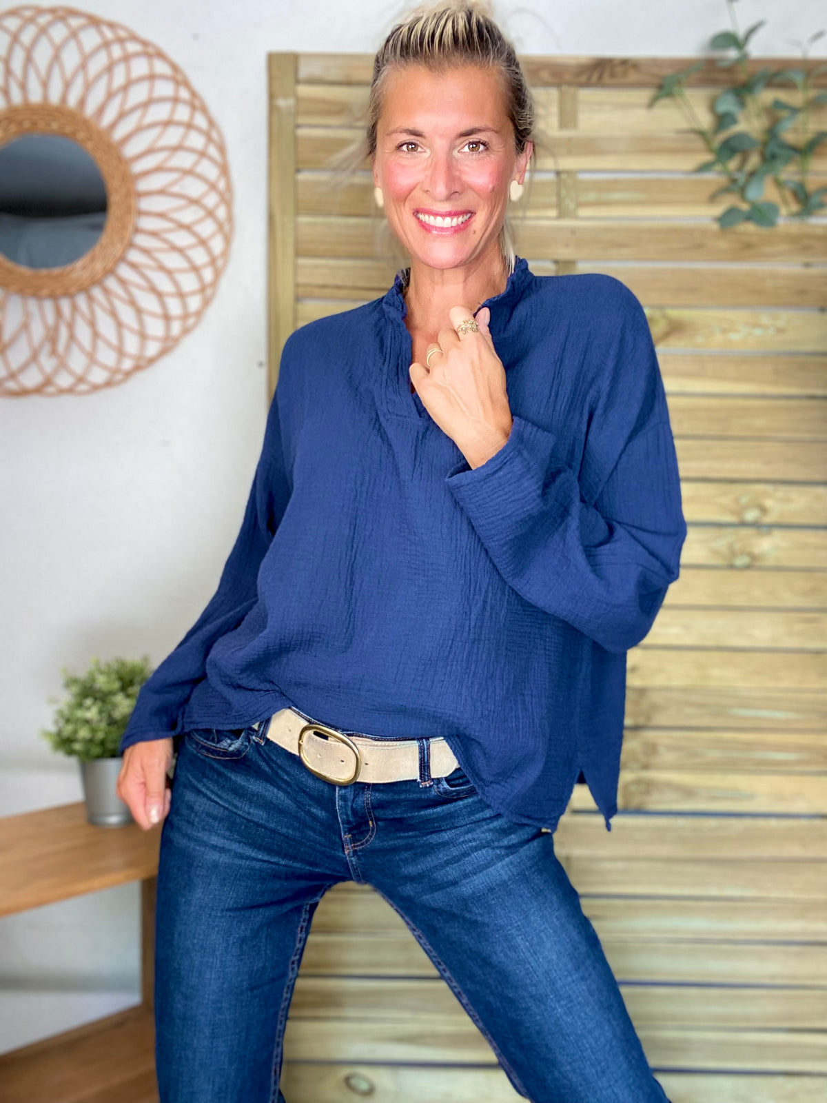 Blouse en gaze de coton SIERRA Bleu marine - manches longues • FIN DE SÉRIE