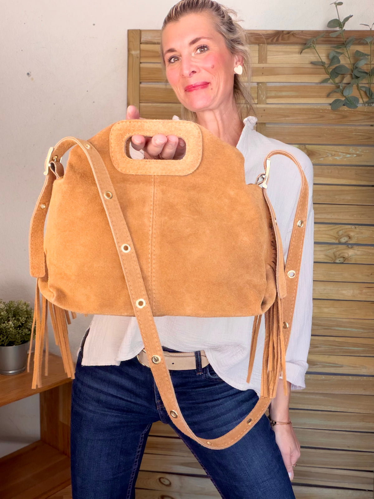 Sac en cuir daim avec franges LOGAN - Camel