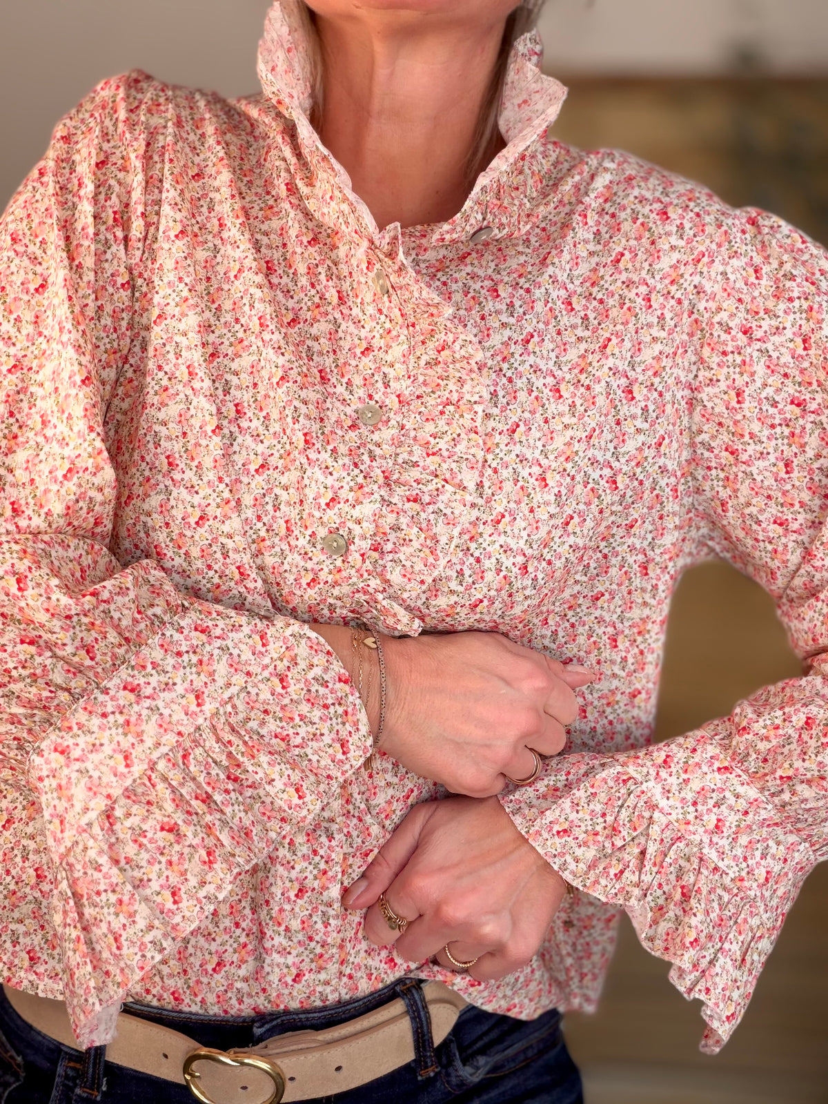 Chemise imprimée Liberty col volanté HÉLOÏSE - Rouge rosé - FIN DE SÉRIE