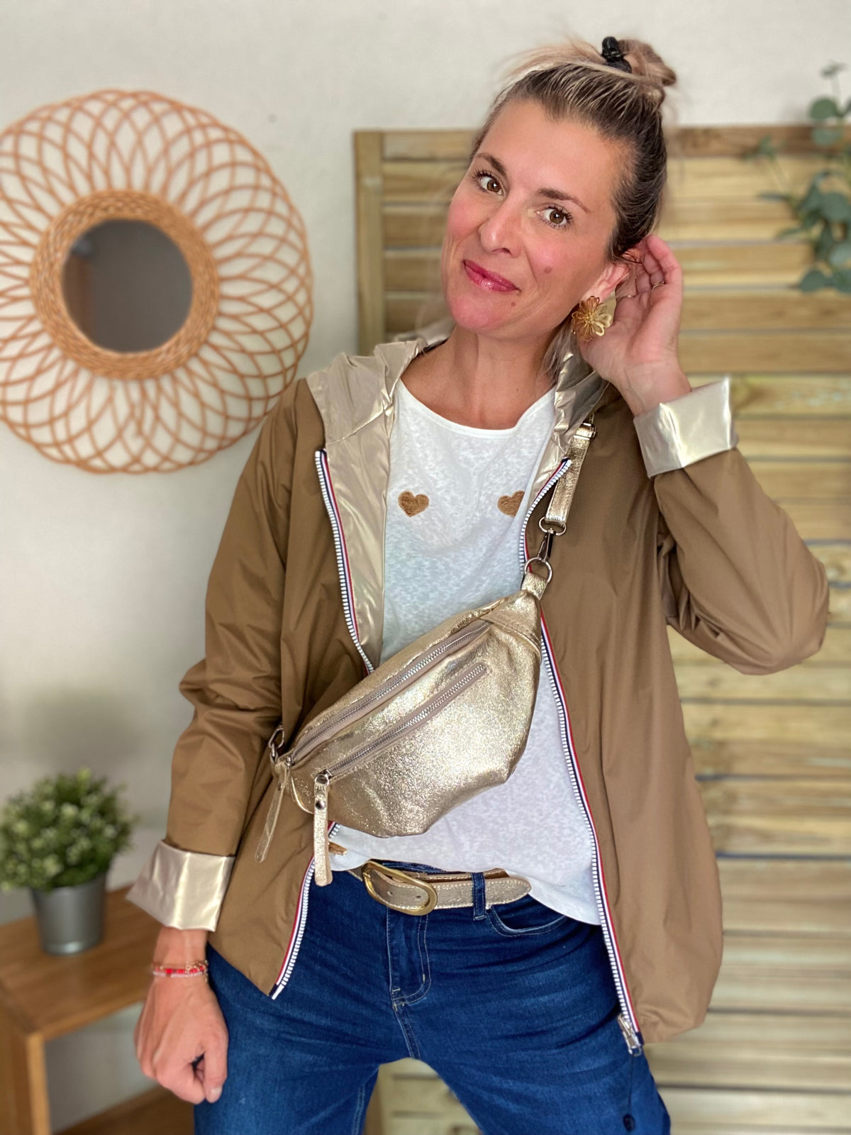 Sac banane en cuir irisé double poche - OPALE - Doré / argent