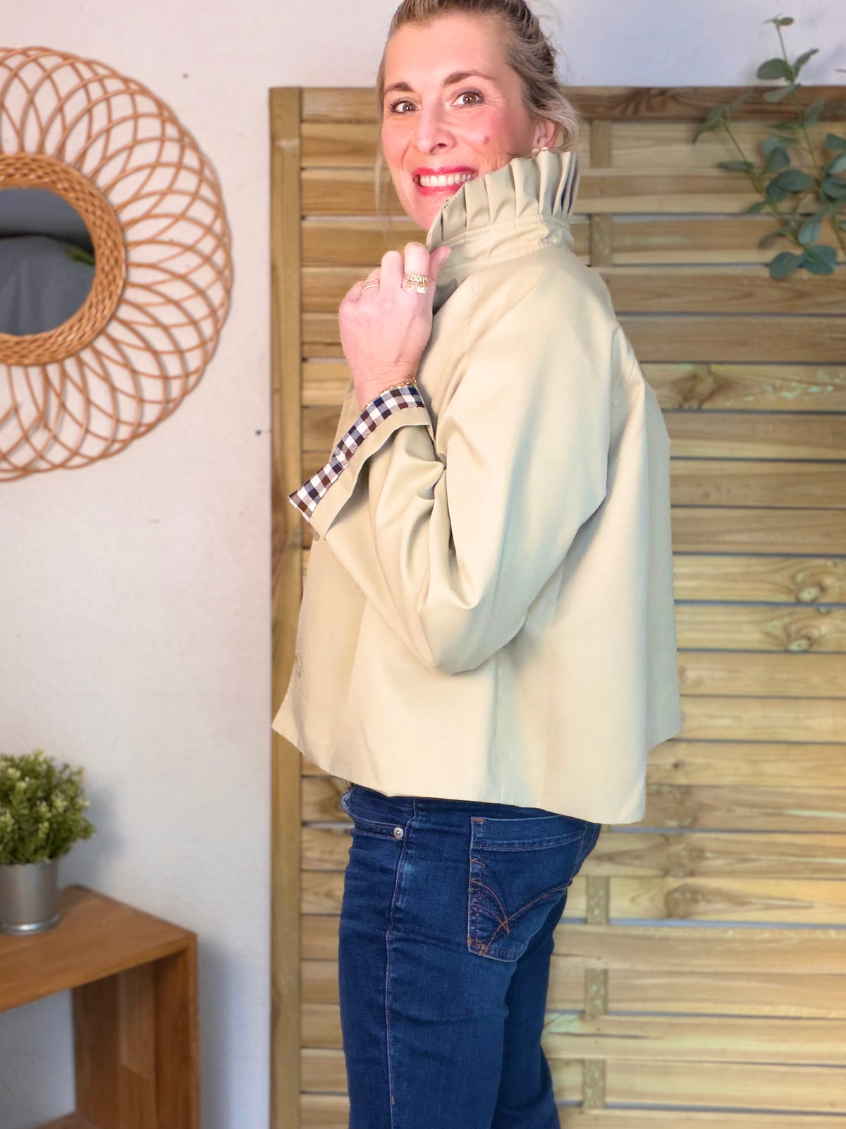 Veste Trench col victorien, revers carreaux - VICKY Beige