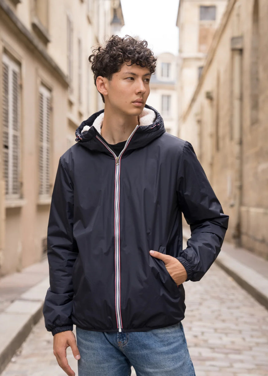 LAURA JO - Parka Imperméable Homme LOUIS* COURT Bleu marine / sherpa écru