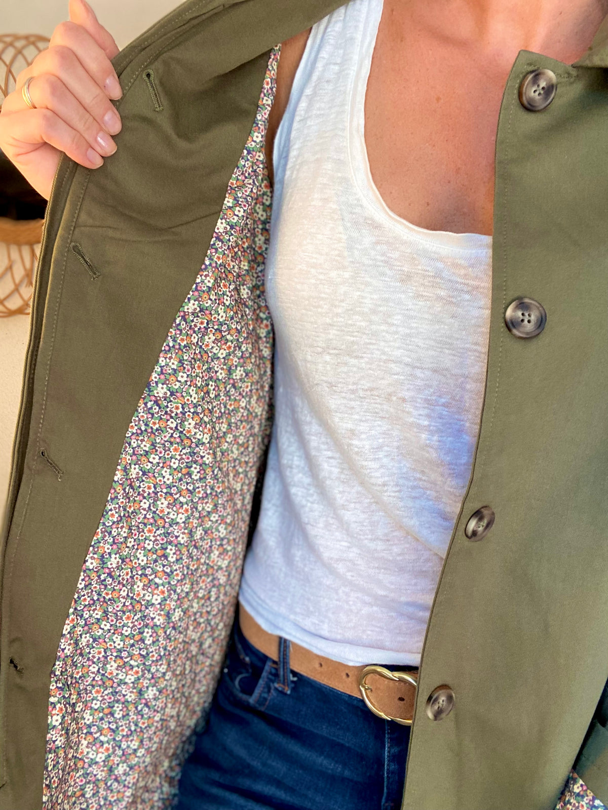Veste Trench en coton kaki avec Liberty - MAHAUT MI LONG - LILI et LALA • DÉSTOCKAGE sur Taille S