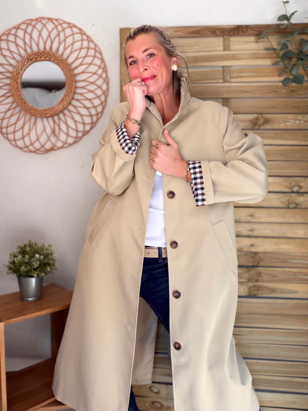Veste Trench col victorien, revers carreaux - VICKY LONG Beige