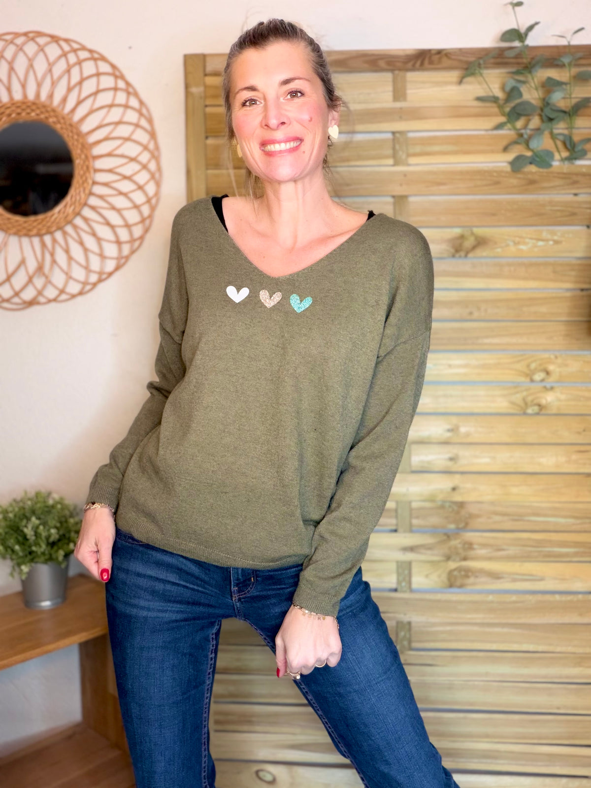 Pull fin 3 cœurs 💛 BERTILLE - Kaki - FIN DE SÉRIE