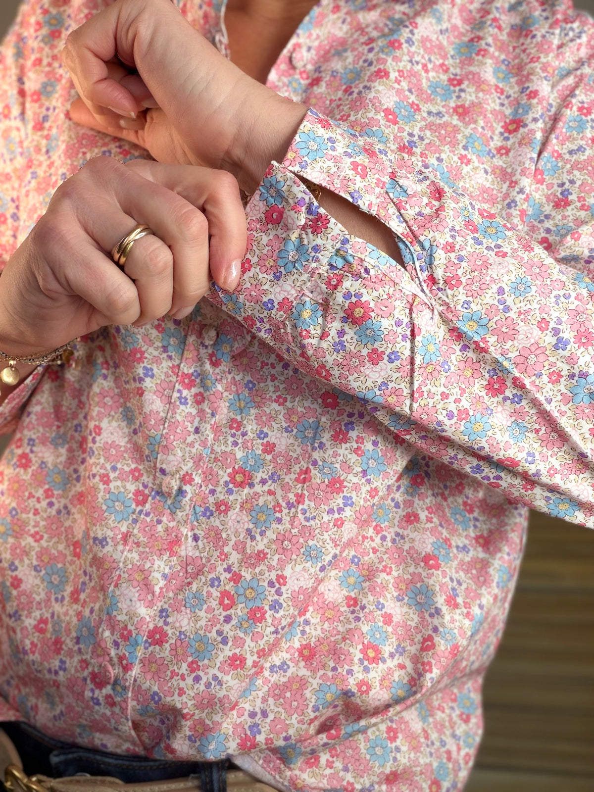 Chemise imprimée Liberty rose clair, col volanté SOLANE (DÉSTOCKAGE sur Taille S)